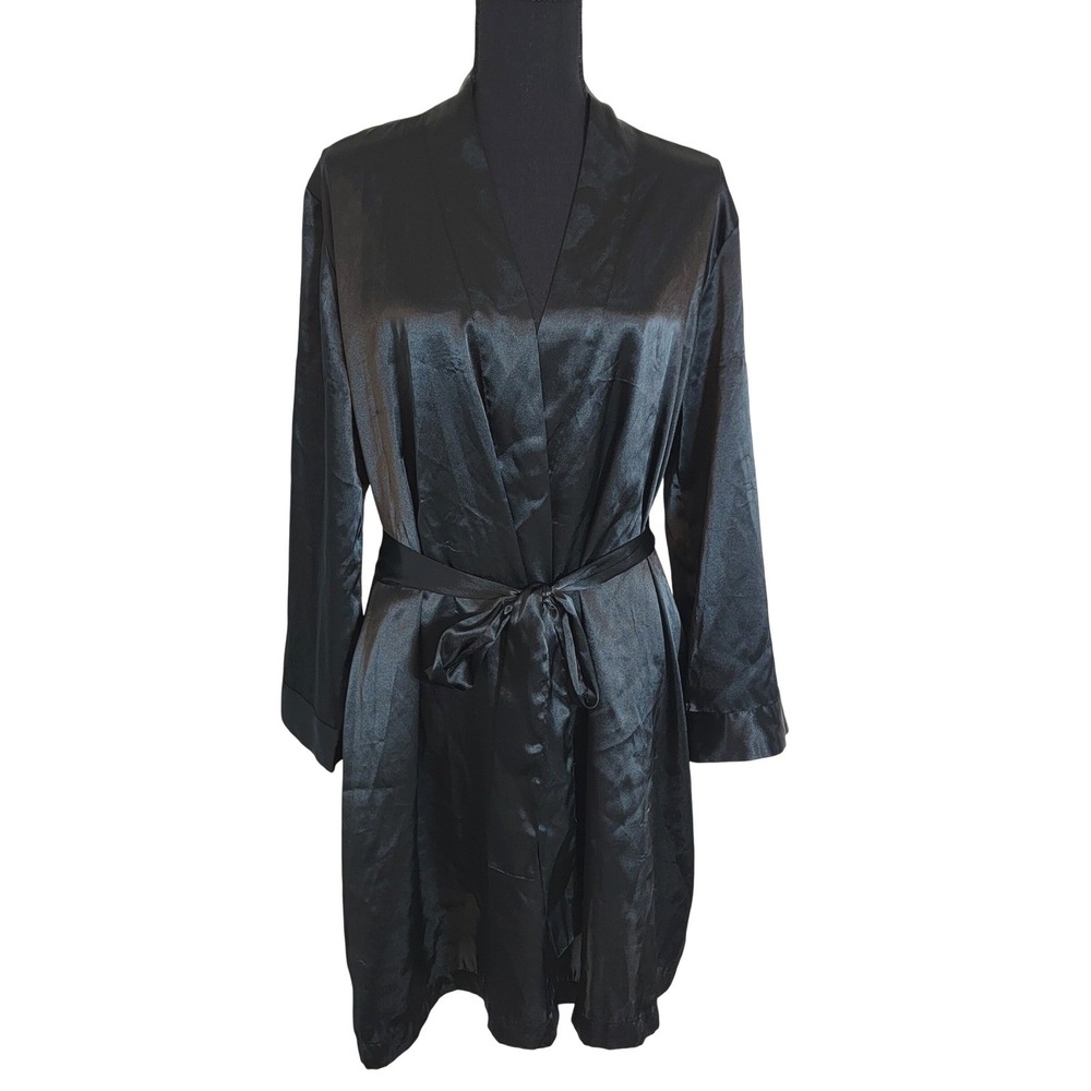 Morgan Taylor Intimates Black Satin Robe Long Sleeve Tie Waist Pockets Medium